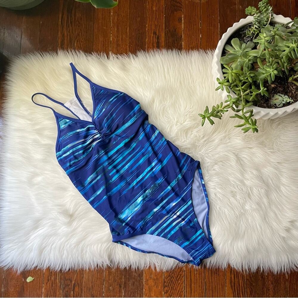 Champion One Piece Swimsuit Blue NWOT white mesh